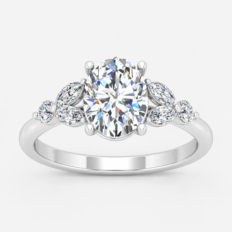 IGI Certified Oval Cut Engagement Ring with Marquise and Round Side Stone Accents in Platinum & Gold
