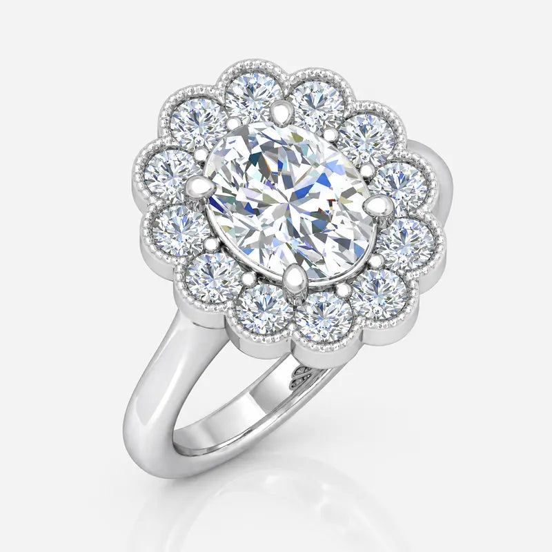IGI Certified Vintage Oval Diamond Floral Scalloped Halo Engagement Ring in Platinum & Gold