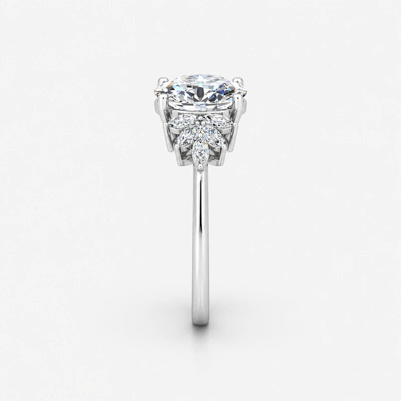 IGI Certified Aurora Oval Diamond Engagement Ring with Marquise Cluster Side Stones in Platinum & Gold