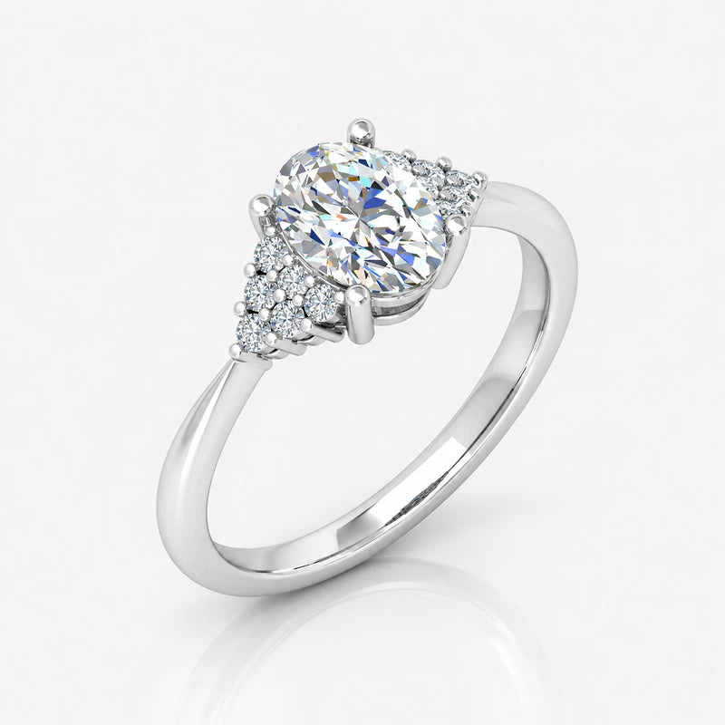 IGI Certified Oval-Cut Diamond Engagement Ring with Triangular Cluster Side Stones in Platinum & Gold