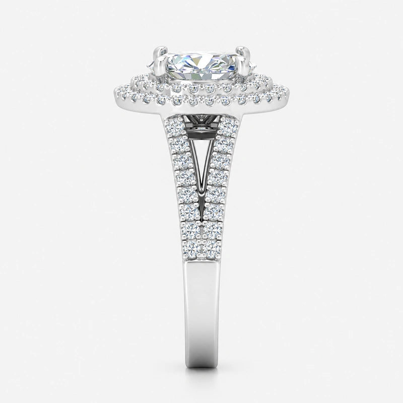 Oval-cut lab-grown diamond double halo engagement ring with pavé split shank in gold and platinum