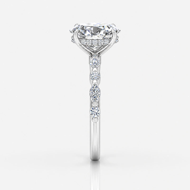 IGI Certified Oval & Marquise Hidden Halo Engagement Ring with Versailles Accent Band in Platinum & Gold