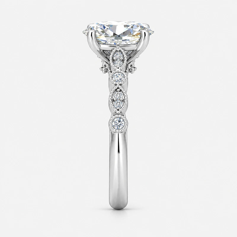 IGI certified vintage oval lab-grown diamond engagement ring with scalloped milgrain detailing