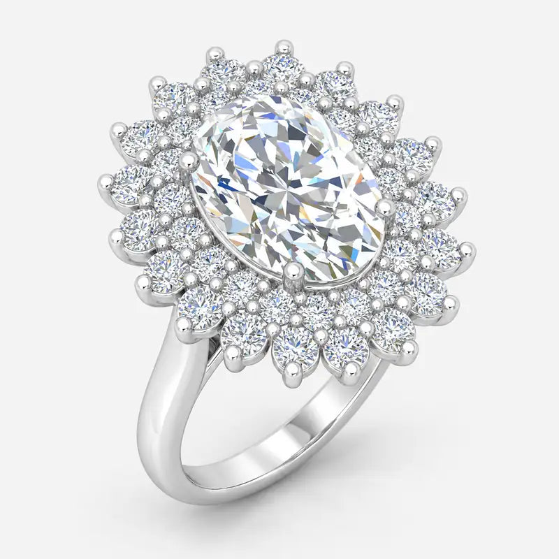 IGI Certified Oval Diamond Double Halo Sunburst Cluster Engagement Ring in Platinum & Gold