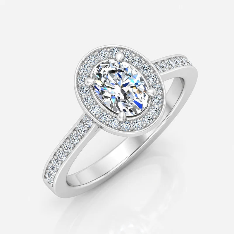 IGI Certified Oval Diamond Halo Engagement Ring with Pavé Shank in Platinum & Gold