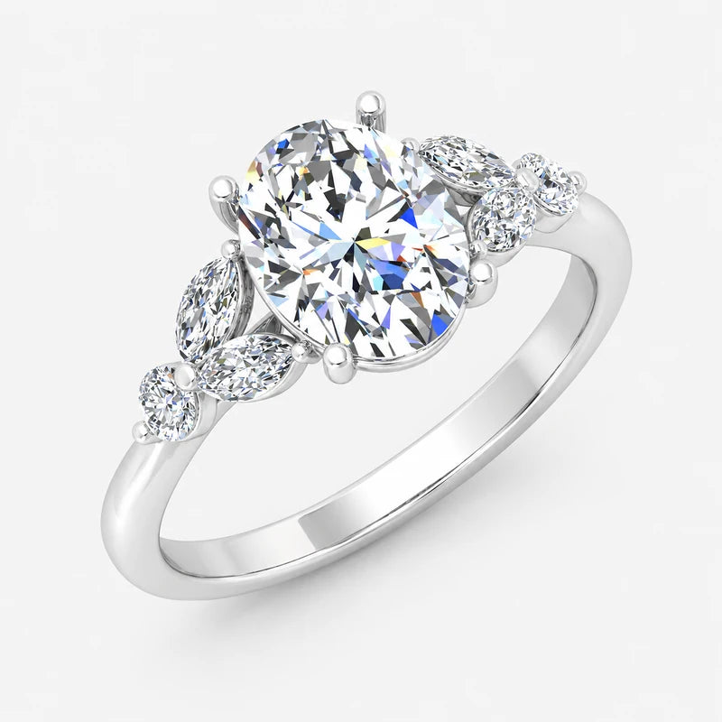 IGI Certified Oval Cut Engagement Ring with Marquise and Round Side Stone Accents in Platinum & Gold