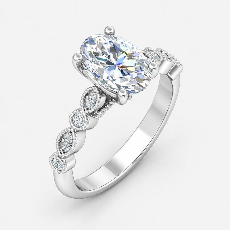 IGI certified vintage oval lab-grown diamond engagement ring with scalloped milgrain detailing