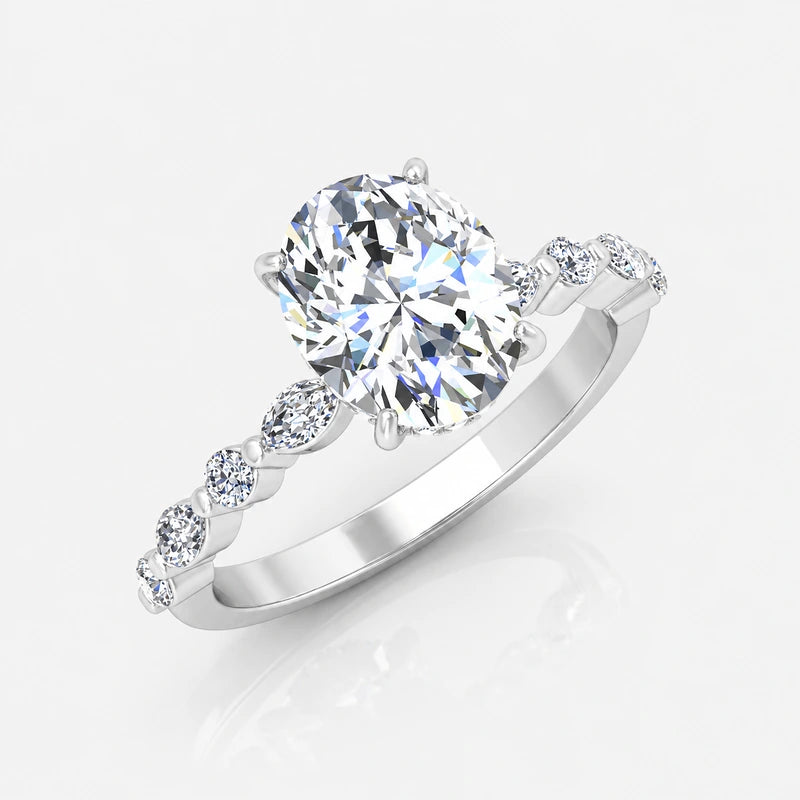 IGI Certified Oval & Marquise Hidden Halo Engagement Ring with Versailles Accent Band in Platinum & Gold