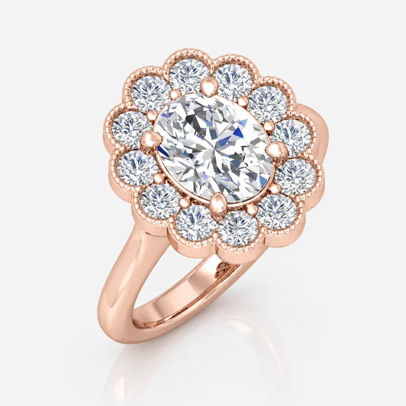 IGI Certified Vintage Oval Diamond Floral Scalloped Halo Engagement Ring in Platinum & Gold