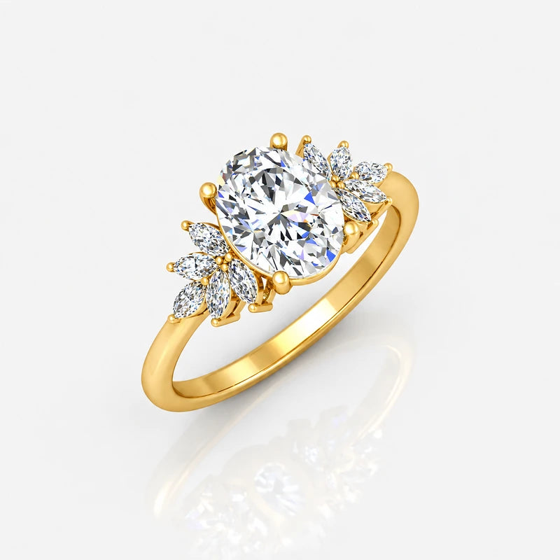 IGI Certified Aurora Oval Diamond Engagement Ring with Marquise Cluster Side Stones in Platinum & Gold