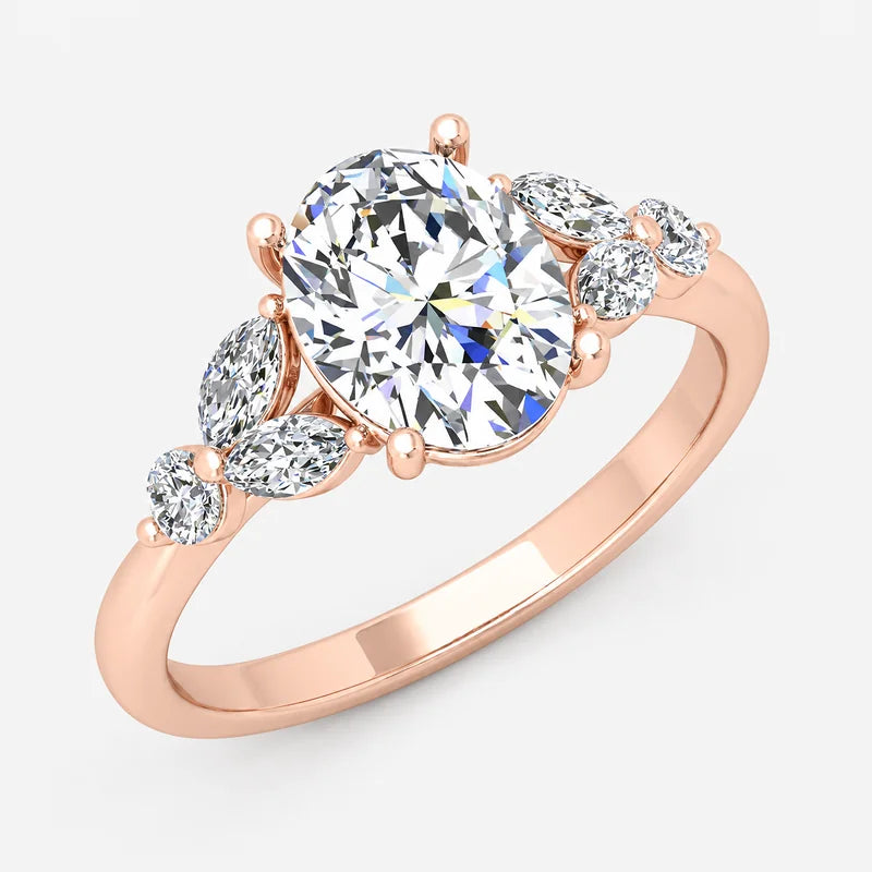 IGI Certified Oval Cut Engagement Ring with Marquise and Round Side Stone Accents in Platinum & Gold