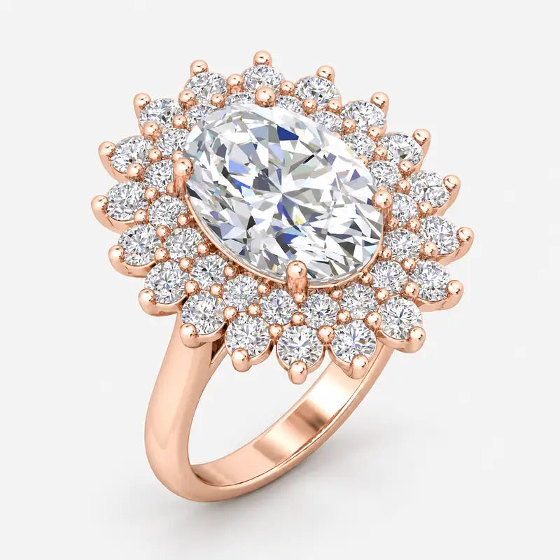 IGI Certified Oval Diamond Double Halo Sunburst Cluster Engagement Ring in Platinum & Gold
