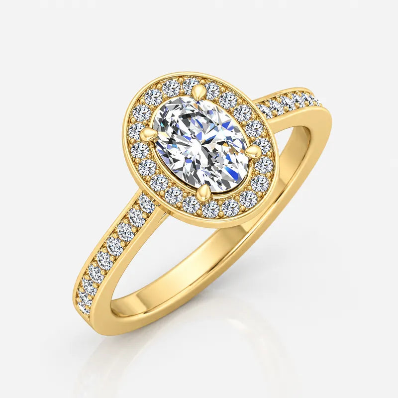 IGI Certified Oval Diamond Halo Engagement Ring with Pavé Shank in Platinum & Gold