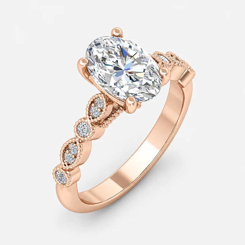 IGI certified vintage oval lab-grown diamond engagement ring with scalloped milgrain detailing