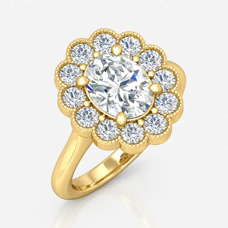 IGI Certified Vintage Oval Diamond Floral Scalloped Halo Engagement Ring in Platinum & Gold