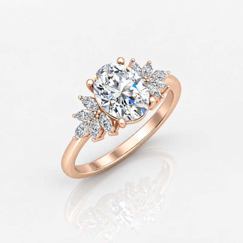 IGI Certified Aurora Oval Diamond Engagement Ring with Marquise Cluster Side Stones in Platinum & Gold
