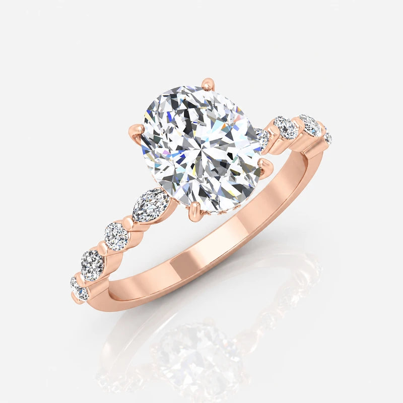 IGI Certified Oval & Marquise Hidden Halo Engagement Ring with Versailles Accent Band in Platinum & Gold