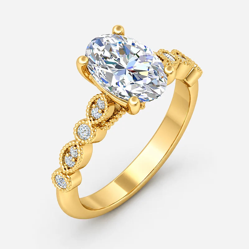 IGI certified vintage oval lab-grown diamond engagement ring with scalloped milgrain detailing
