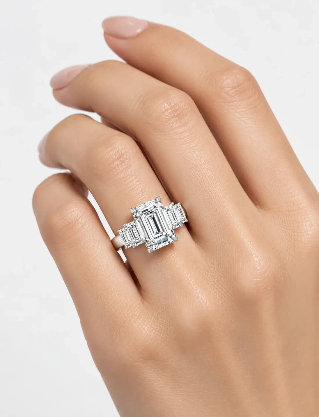 IGI Certified Lab Grown Emerald Cut Five-Stone Graduated Diamond Engagement Ring in Gold & Platinum