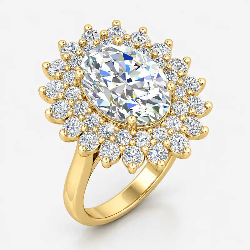IGI Certified Oval Diamond Double Halo Sunburst Cluster Engagement Ring in Platinum & Gold
