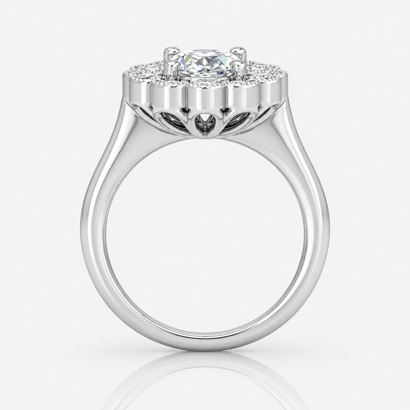 IGI Certified Vintage Oval Diamond Floral Scalloped Halo Engagement Ring in Platinum & Gold