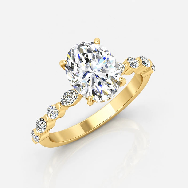 IGI Certified Oval & Marquise Hidden Halo Engagement Ring with Versailles Accent Band in Platinum & Gold
