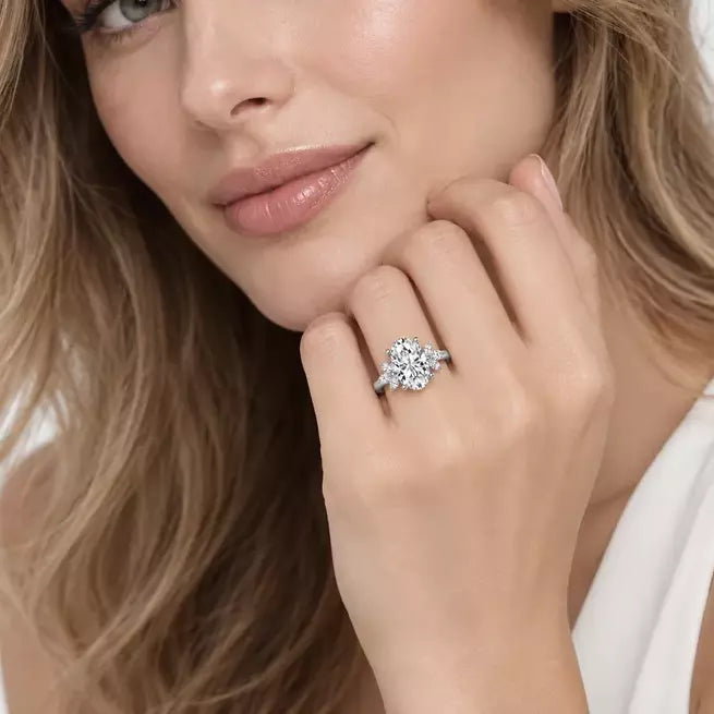 IGI Certified Aurora Oval Diamond Engagement Ring with Marquise Cluster Side Stones in Platinum & Gold
