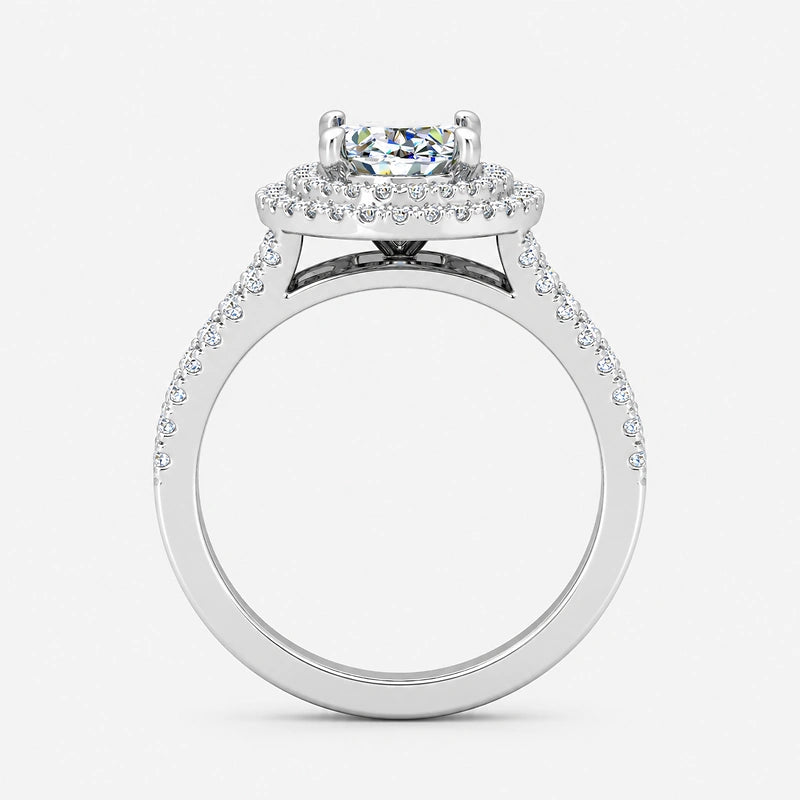 Oval-cut lab-grown diamond double halo engagement ring with pavé split shank in gold and platinum