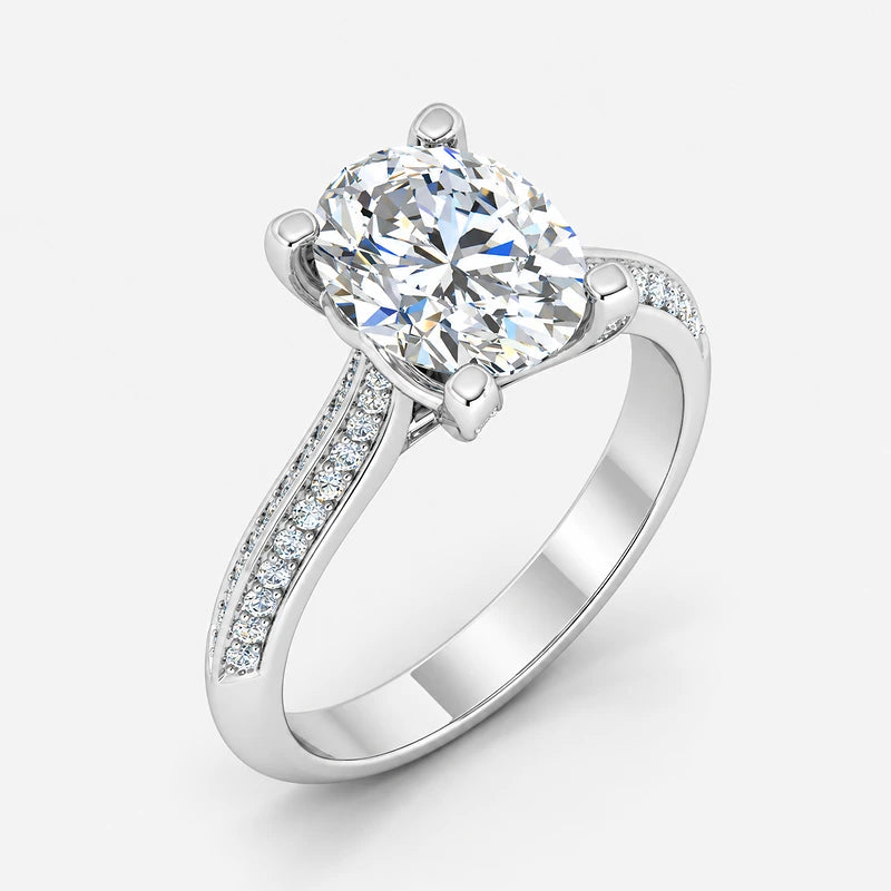 IGI Certified Oval-Cut Diamond Solitaire Engagement Ring with Pavé Band in Gold & Platinum