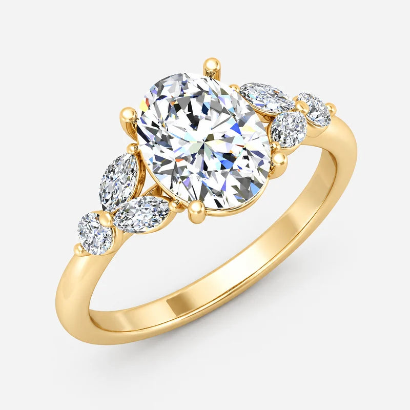 IGI Certified Oval Cut Engagement Ring with Marquise and Round Side Stone Accents in Platinum & Gold