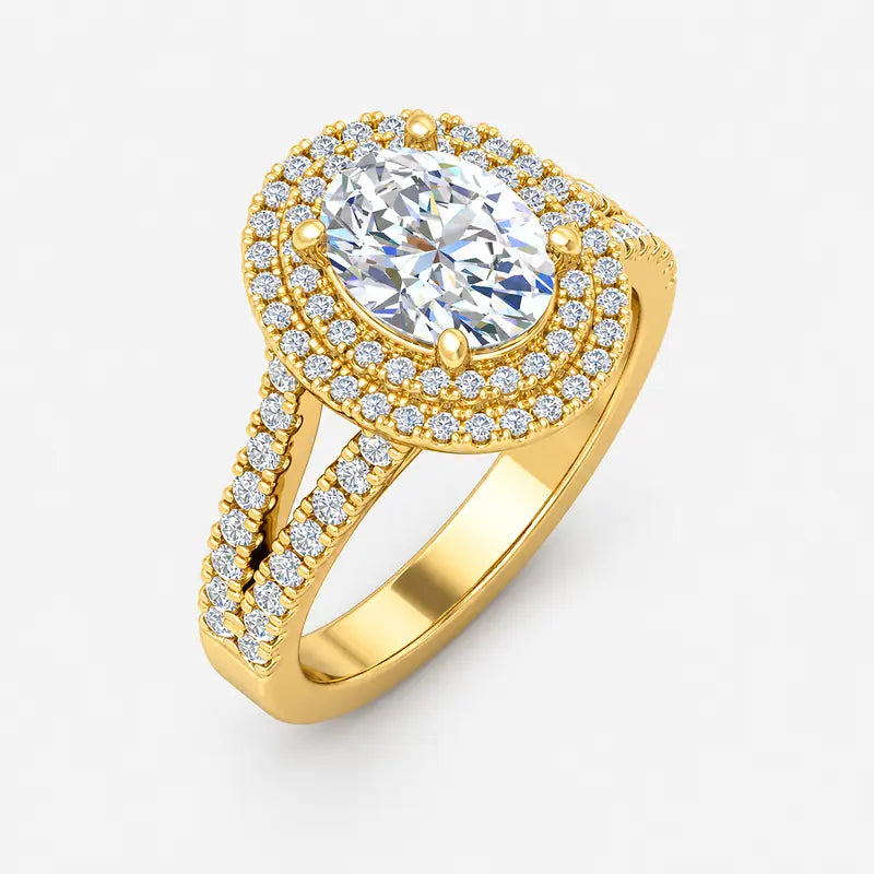 Oval-cut lab-grown diamond double halo engagement ring with pavé split shank in gold and platinum