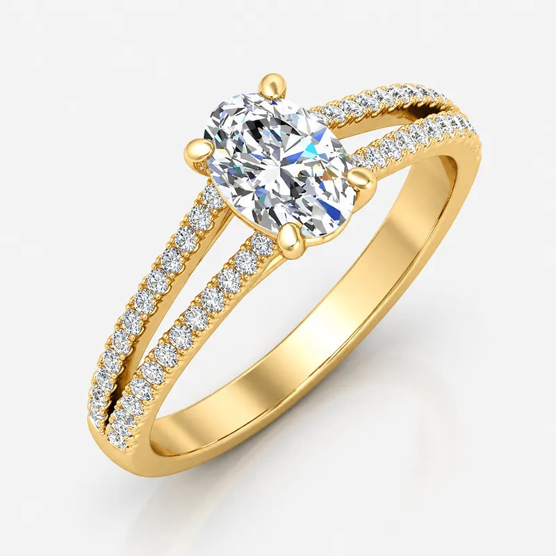 Claw-set oval diamond engagement ring with pavé split shank