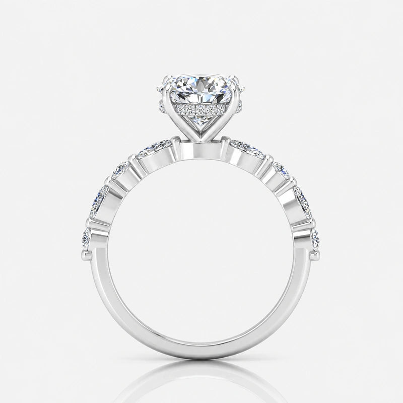 IGI Certified Oval & Marquise Hidden Halo Engagement Ring with Versailles Accent Band in Platinum & Gold