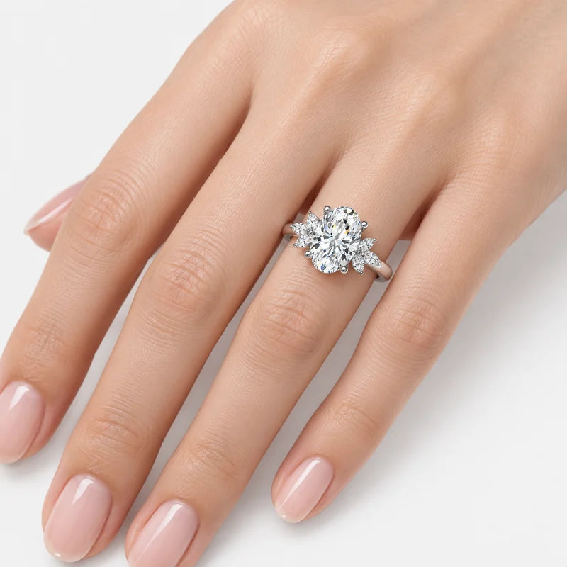 IGI Certified Aurora Oval Diamond Engagement Ring with Marquise Cluster Side Stones in Platinum & Gold