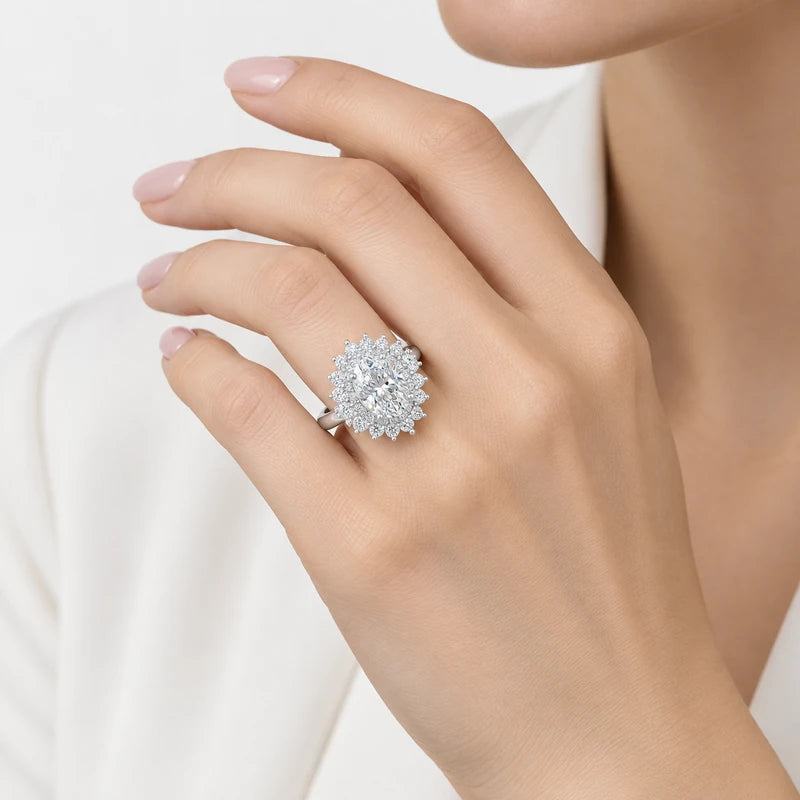 IGI Certified Oval Diamond Double Halo Sunburst Cluster Engagement Ring in Platinum & Gold