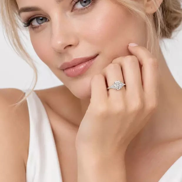 IGI Certified Oval-Cut Diamond Engagement Ring with Triangular Cluster Side Stones in Platinum & Gold