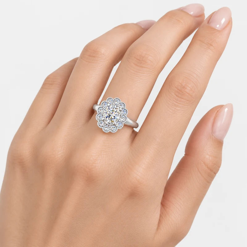 IGI Certified Vintage Oval Diamond Floral Scalloped Halo Engagement Ring in Platinum & Gold