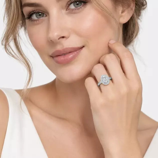 IGI Certified Oval-Cut Diamond Halo Engagement Ring with Plain Shank in Platinum & Gold