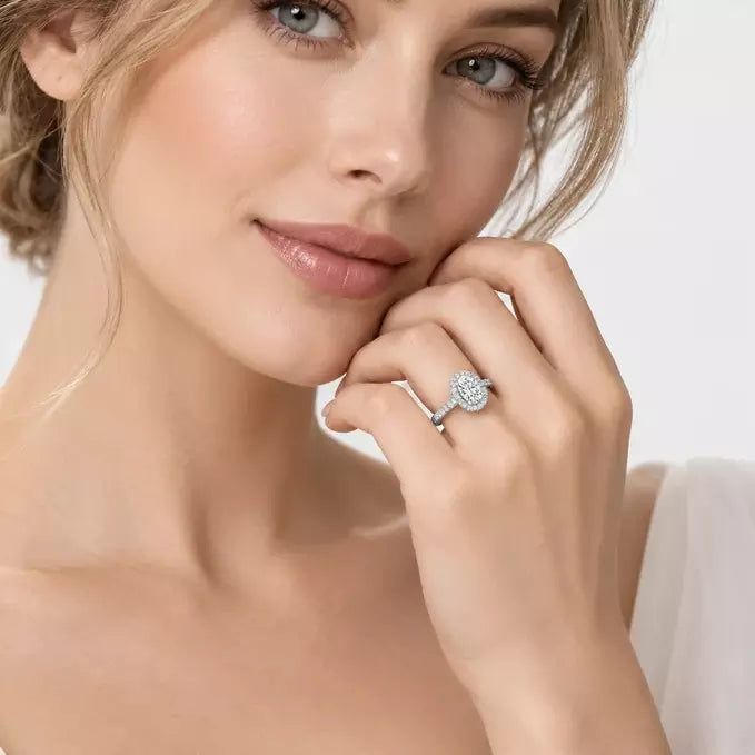 IGI Certified Oval Diamond Pavé Halo Engagement Ring in Platinum & Gold