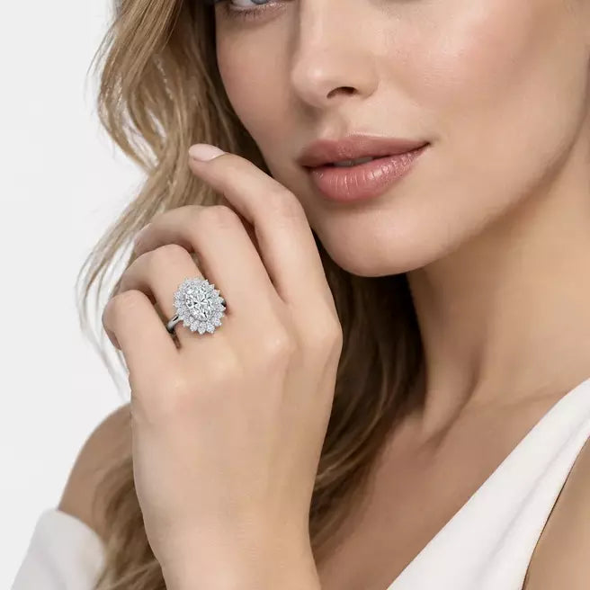 IGI Certified Oval Diamond Double Halo Sunburst Cluster Engagement Ring in Platinum & Gold