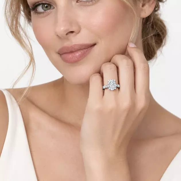 IGI certified vintage oval lab-grown diamond engagement ring with scalloped milgrain detailing