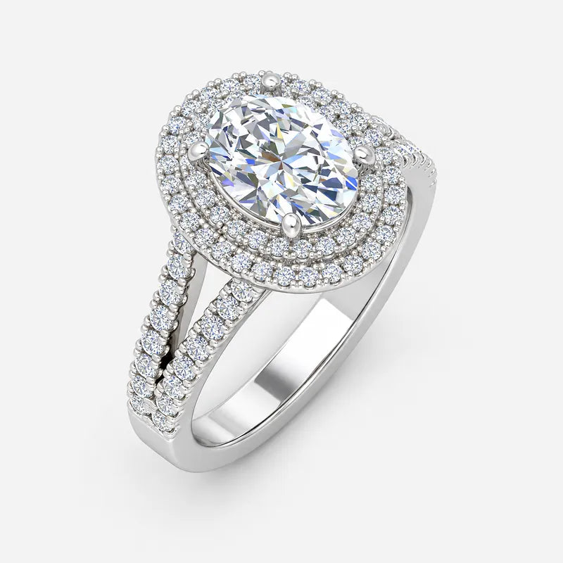 Oval-cut lab-grown diamond double halo engagement ring with pavé split shank in gold and platinum