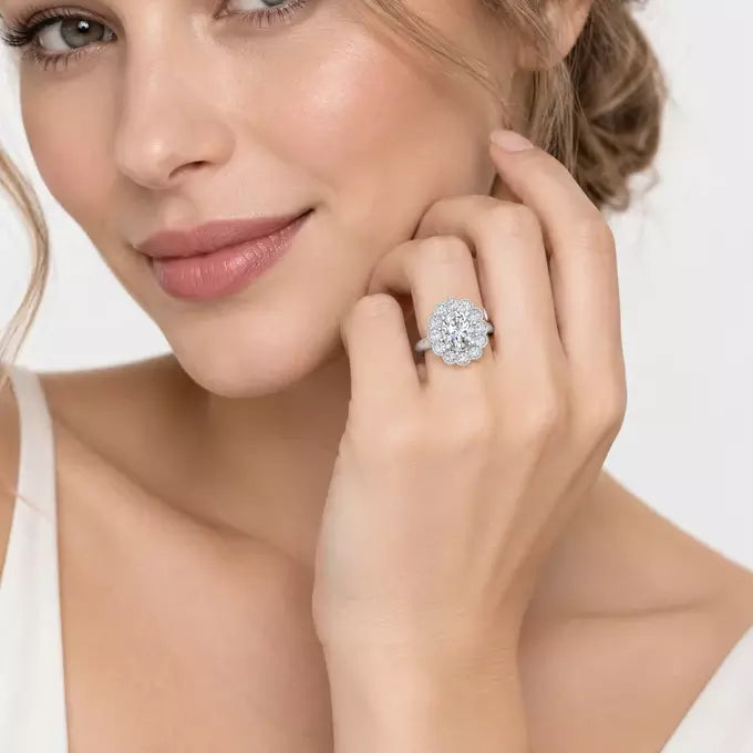 IGI Certified Vintage Oval Diamond Floral Scalloped Halo Engagement Ring in Platinum & Gold