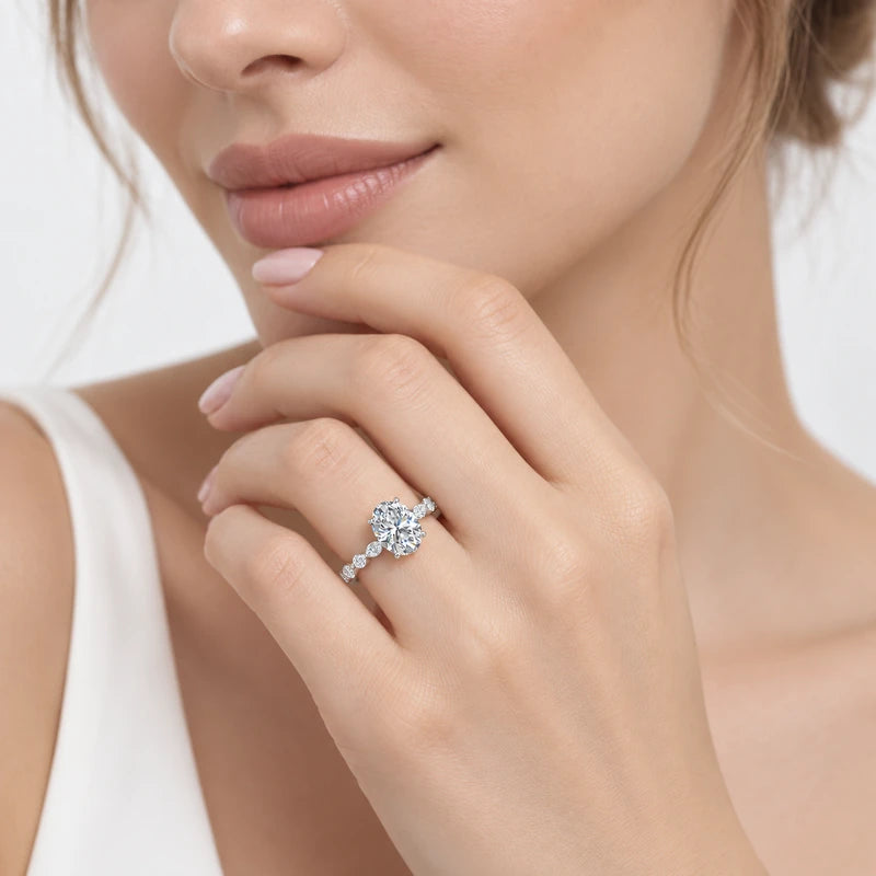 IGI Certified Oval & Marquise Hidden Halo Engagement Ring with Versailles Accent Band in Platinum & Gold