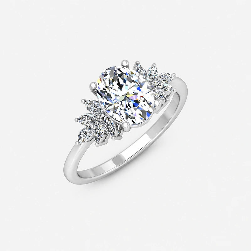 IGI Certified Aurora Oval Diamond Engagement Ring with Marquise Cluster Side Stones in Platinum & Gold