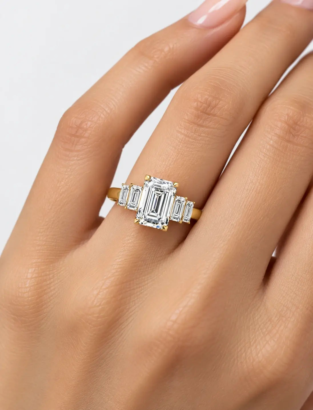 IGI Certified Lab Grown Emerald Cut Five-Stone Graduated Diamond Engagement Ring in Gold & Platinum