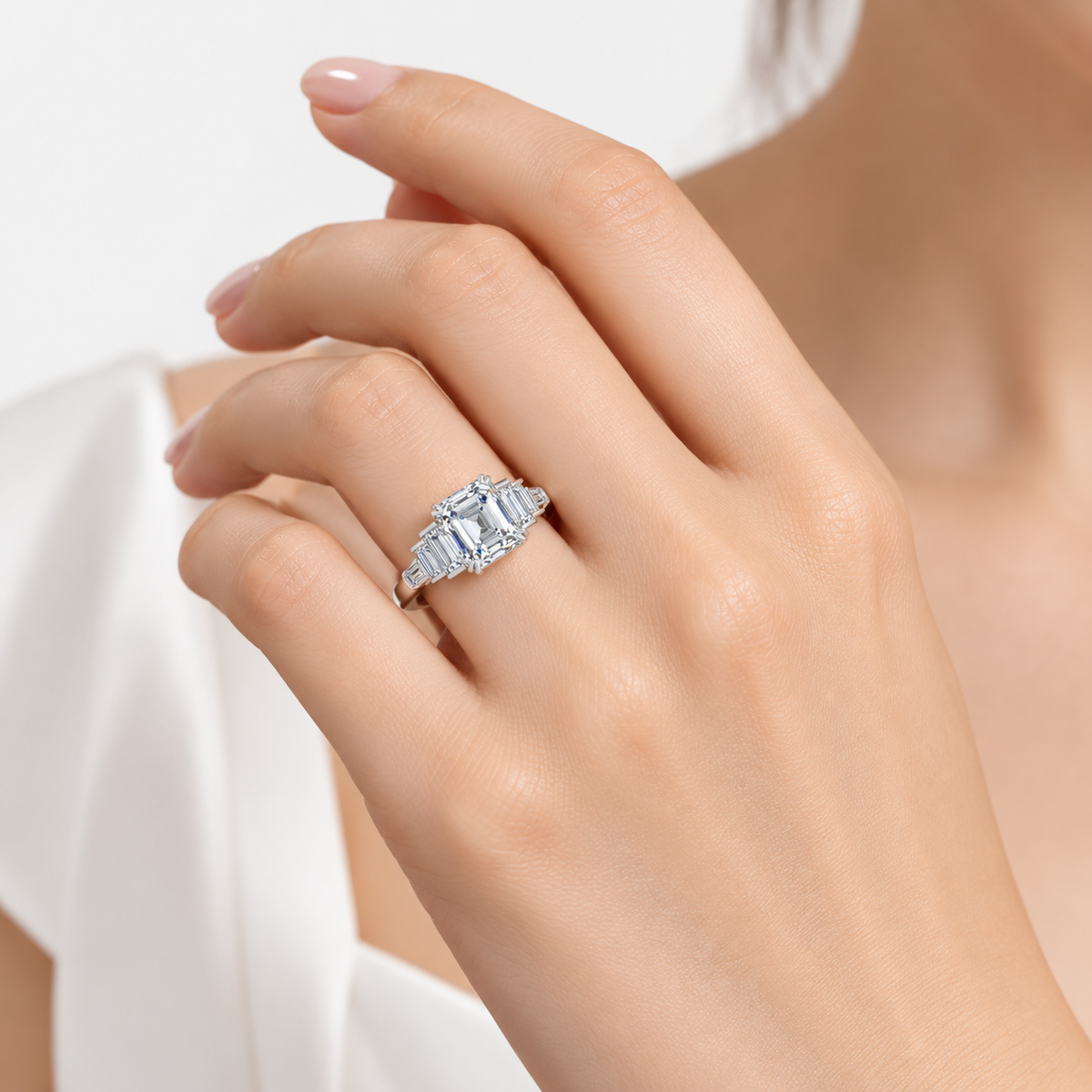 IGI Certified Lab-Grown Asscher-Cut Five-Stone Diamond Engagement Ring with Tapered Baguette Shoulders in Gold & Platinum