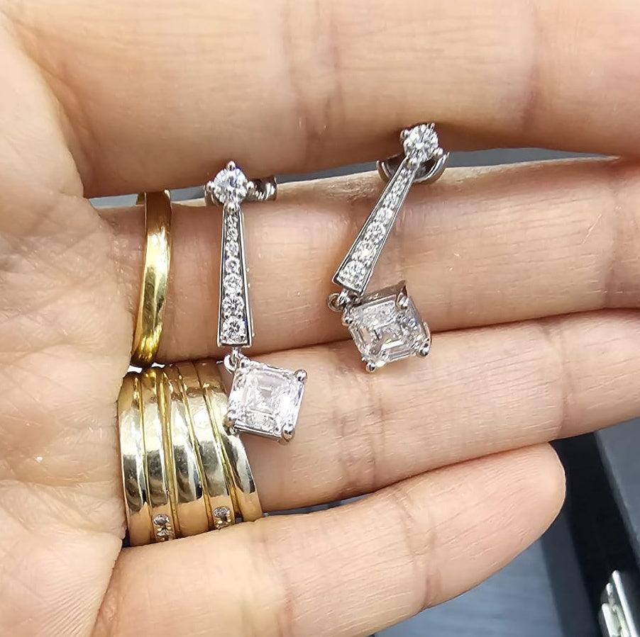Last Piece ! Certified 3.50Carat Asscher Diamond Dangle Drop Earrings in 18k White Gold 5.00Grams