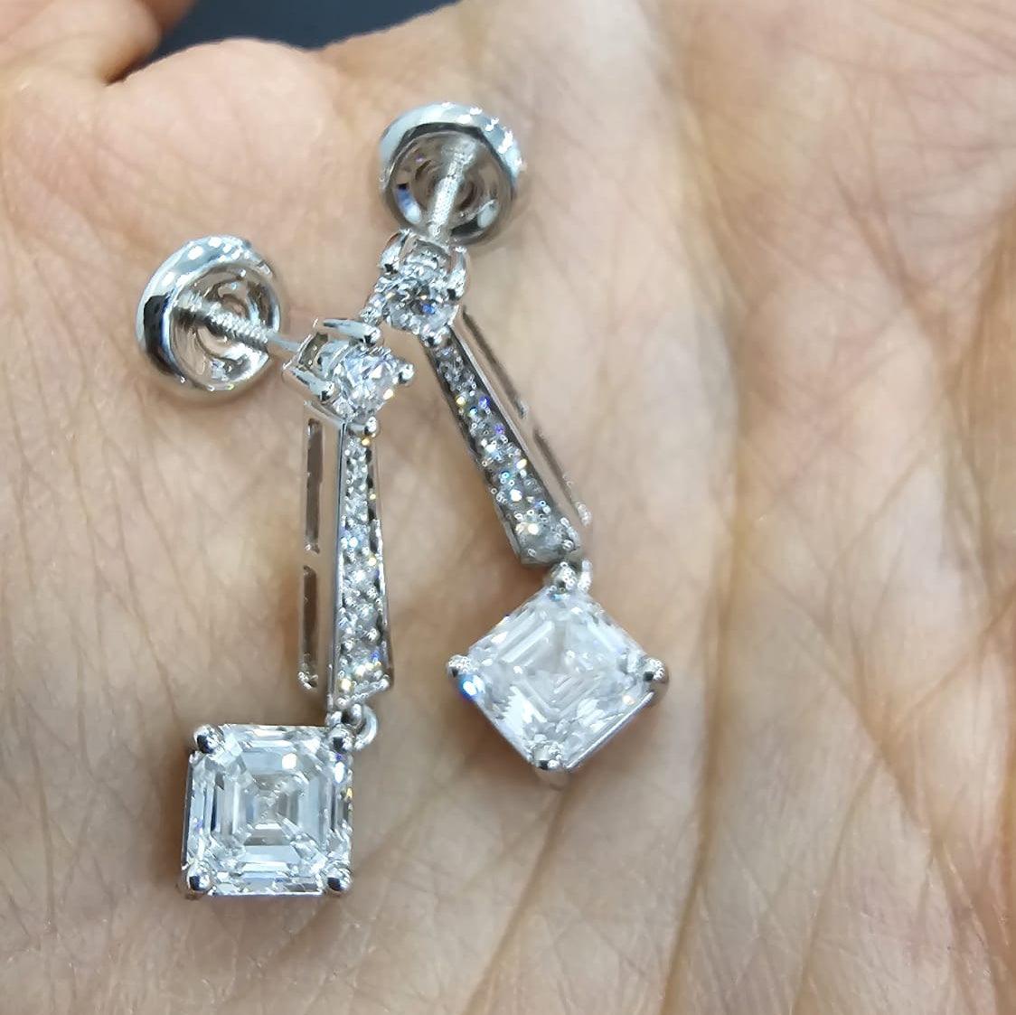 Last Piece ! Certified 3.55Carat Asscher Diamond Dangle Drop Earrings in 18k White Gold 5.00Grams