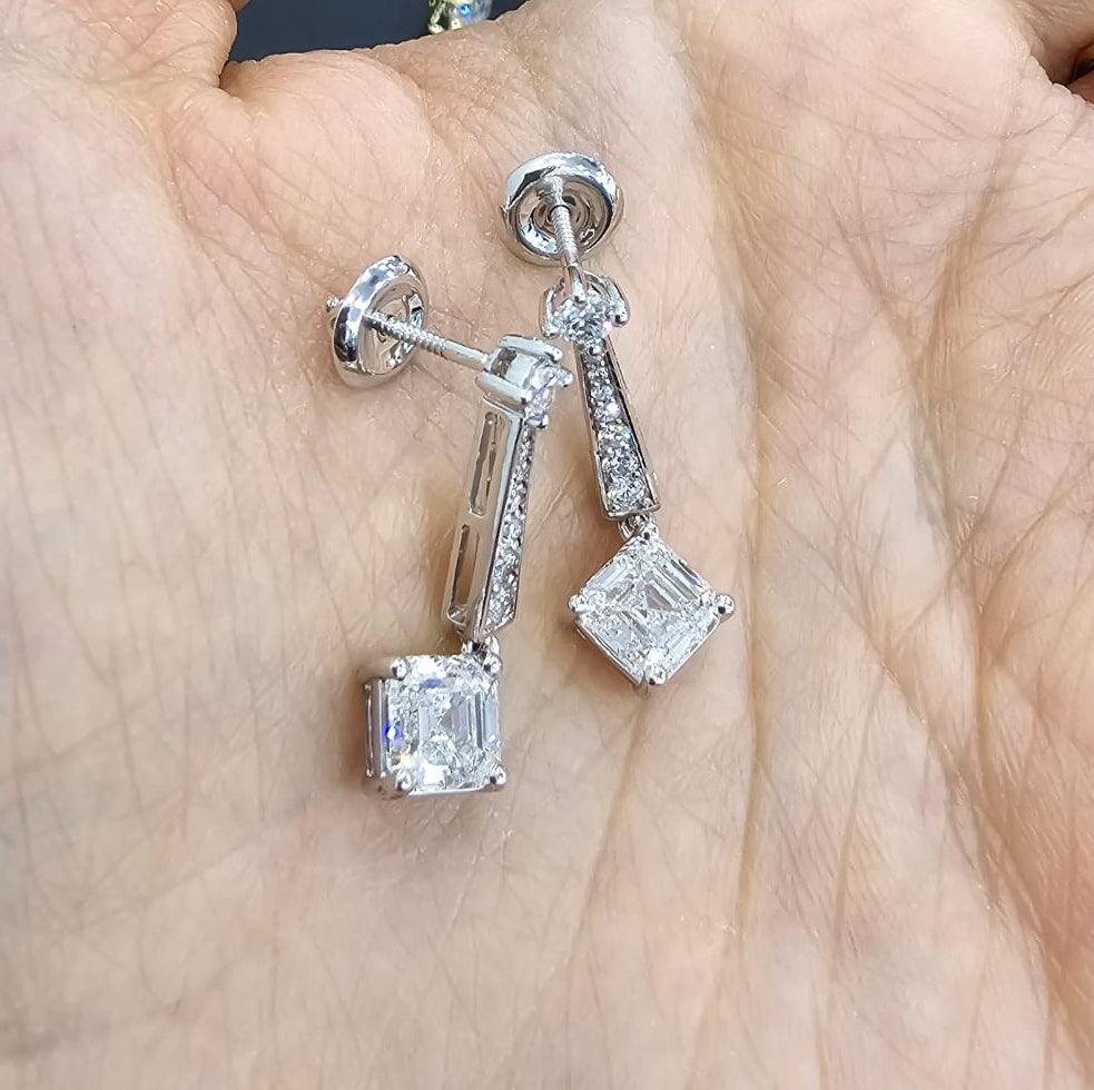 Last Piece ! Certified 3.50Carat Asscher Diamond Dangle Drop Earrings in 18k White Gold 5.00Grams